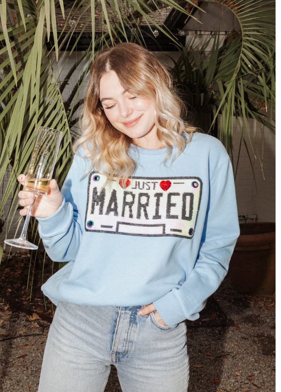 Queen of Sparkles Just Married License Plate Sweatshirt XS Blue Sequin Graphic